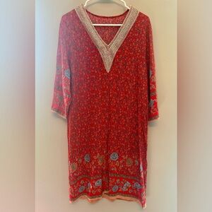 Vintage 70s Red Floral Midi Dress with Lace Trim S/M